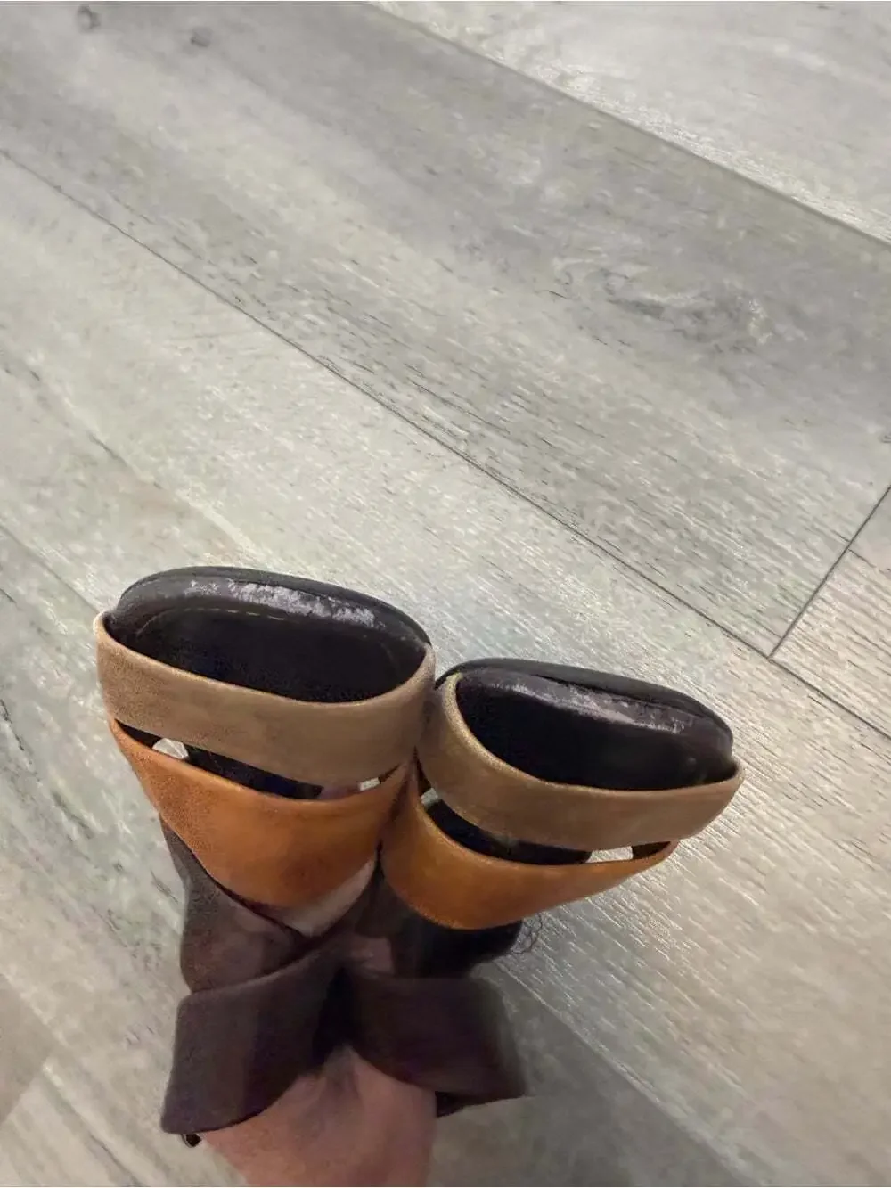 PIKOLINOS Two-Tone Leather Wedge Sandals - Dark Brown & Tan size 38